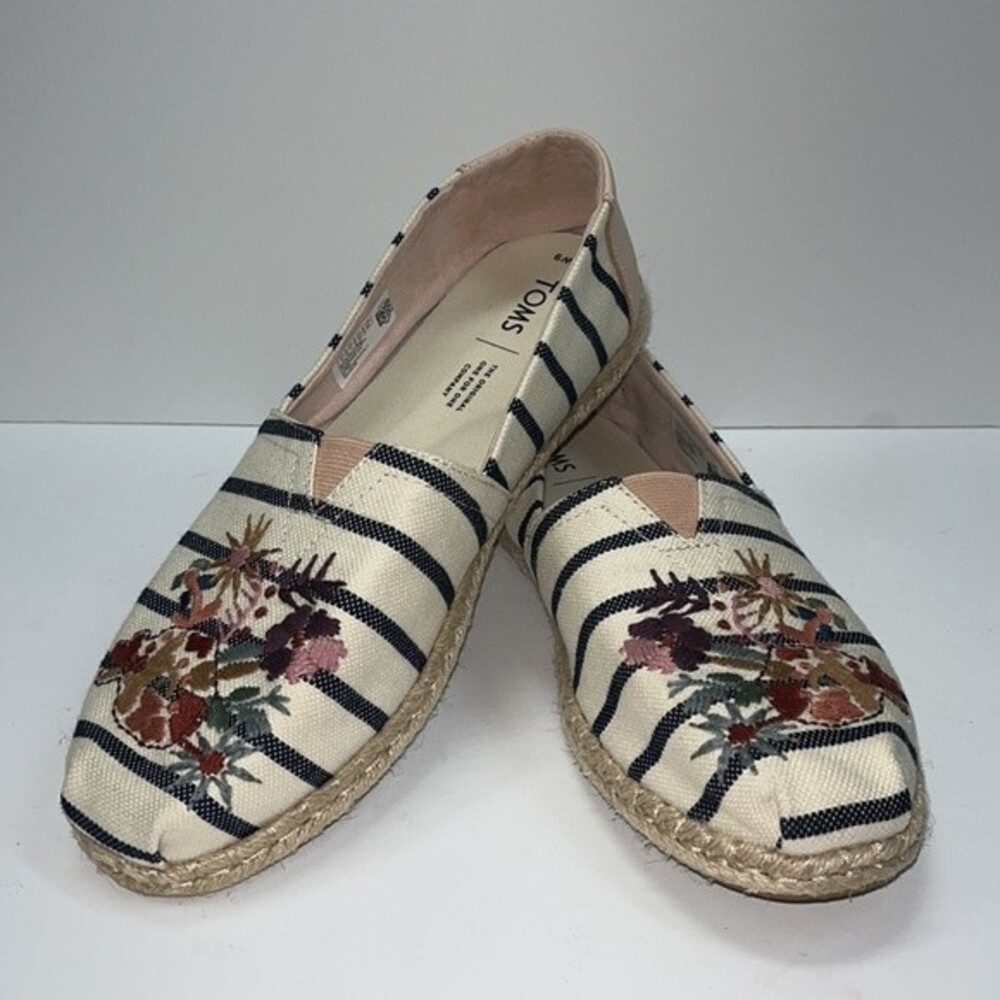 Tom's Womens Size 9 Embroidered Floral Striped Slip-On Espadrille Flats - Picture 2 of 13